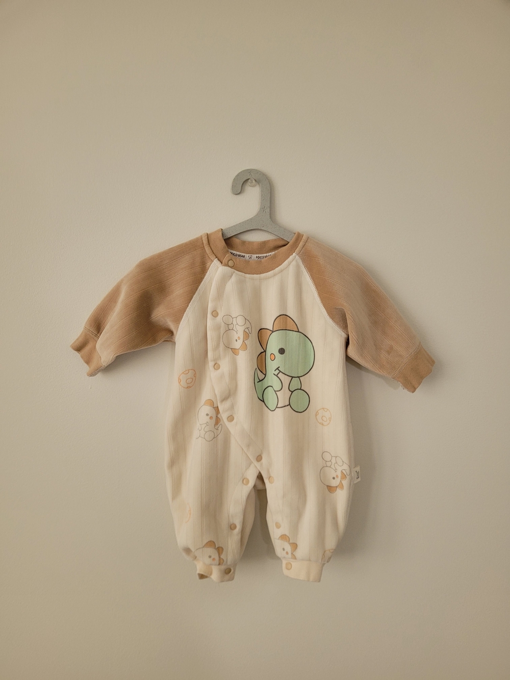 Cream & Tan Dino Print Baby One-Piece Romper